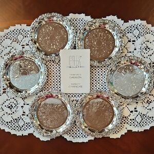 Milano Elegant Silver Coaster Set of 6 with Velvet Lined Box and Satin Interior